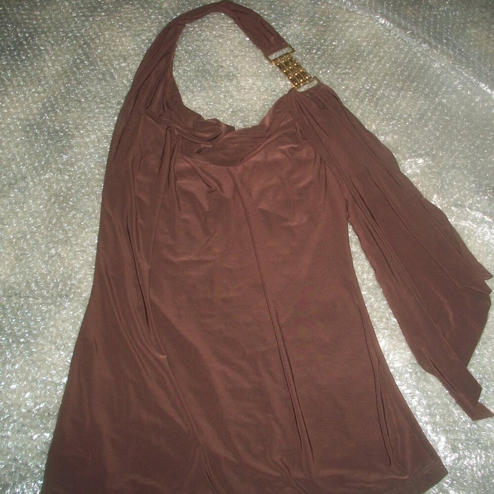 womens brown halter top.Attached sash.gold bling.Size Jr. large
